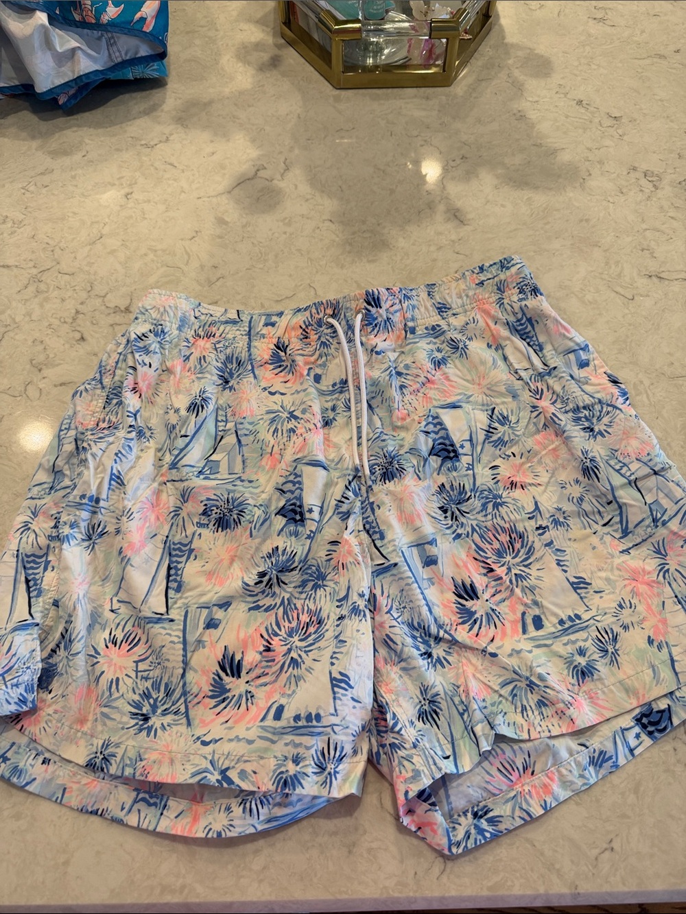 Lilly Pulitzer Men's Swim Trunks in Blue, Pink & White Tropical Sail Print